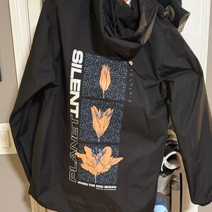 Silent Planet Rain Slicker. Black Graphic Hooded Jacket